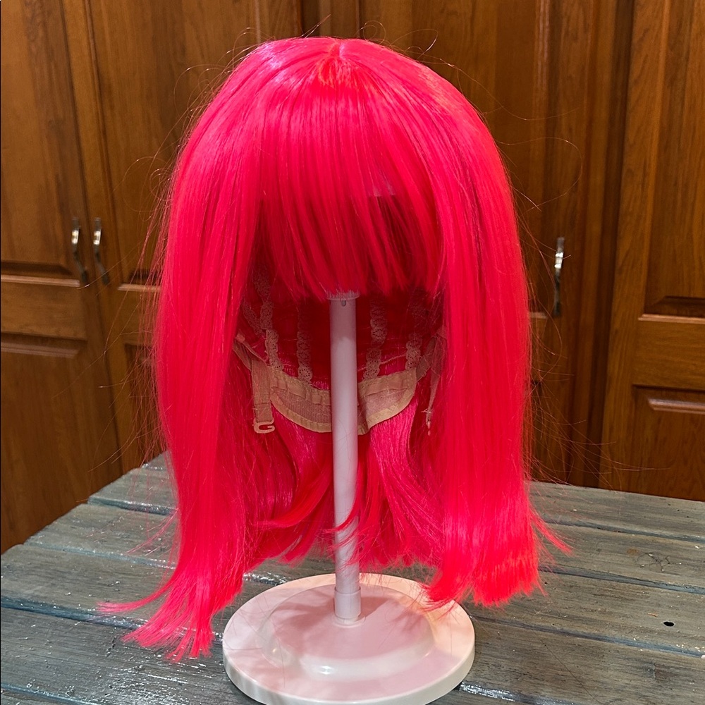NWOT Bright Pink Synthetic Wig w/ Bangs Open Mesh Cap Adjustable Strap